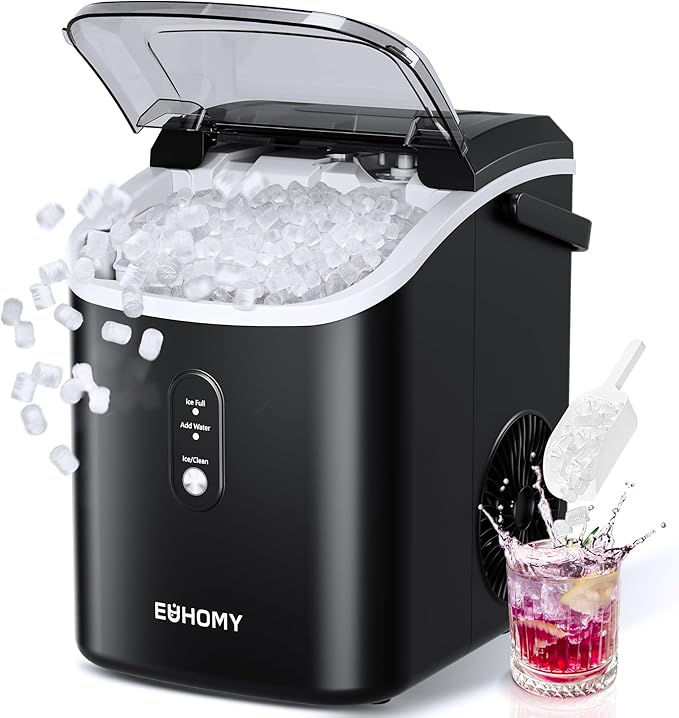 EUHOMY Nugget Ice Maker Countertop with Handle, Ready in 6 Mins, 34lbs/24H, Removable Top Cover, Auto-Cleaning, Portable Pebble Ice Maker with Basket and Scoop, for Home/Party/Camping. (Black)