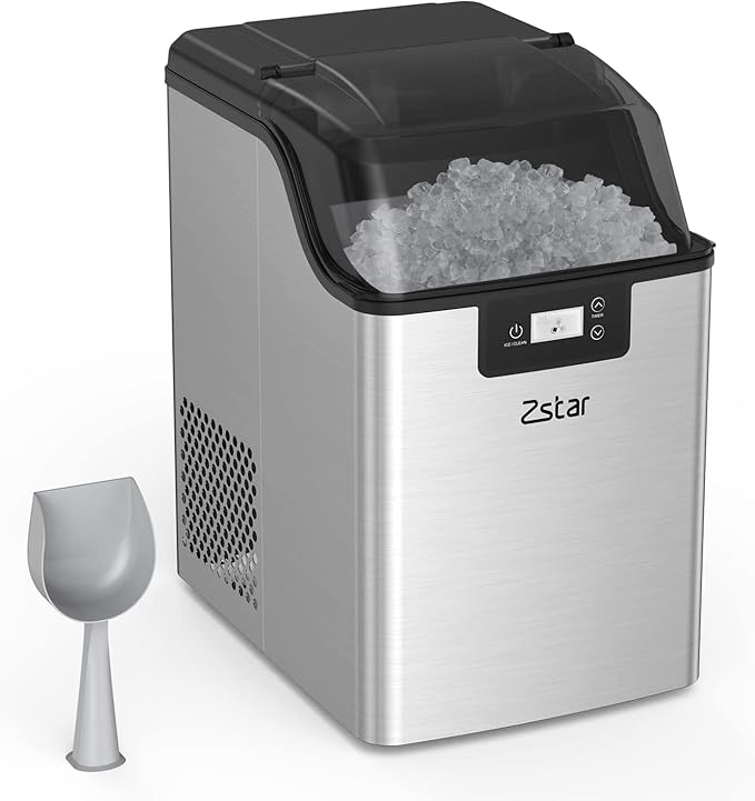 Nugget Ice Maker Countertop with Soft Chewable Ice, Zstar 10,000pcs/44Lbs/Day, Portable Ice Machine with Ice Scoop, Self-Cleaning and Timer Function, Ice Maker with Ice Basket for Kitchen Office