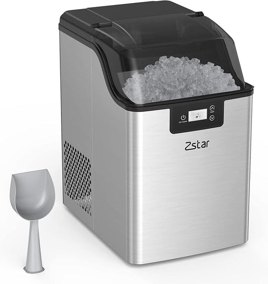 Nugget Ice Maker Countertop with Soft Chewable Ice, Zstar 10,000pcs/44Lbs/Day, Portable Ice Machine with Ice Scoop, Self-Cleaning and Timer Function, Ice Maker with Ice Basket for Kitchen Office