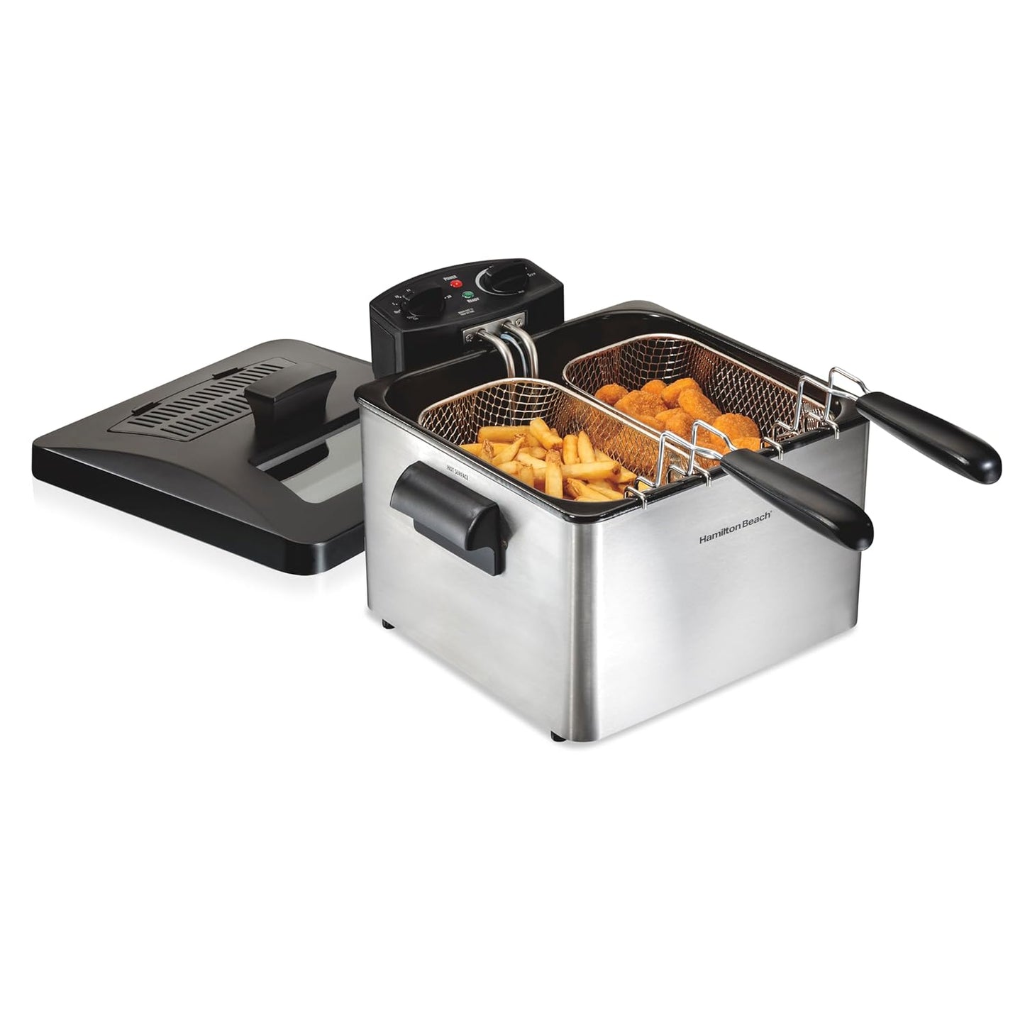 Hamilton Beach Deep Fryer with 2 Frying Baskets, 19 Cups / 4.5 Liters Oil Capacity, Lid with View Window, Professional Grade, Electric, 1800 Watts, Stainless Steel (35036)