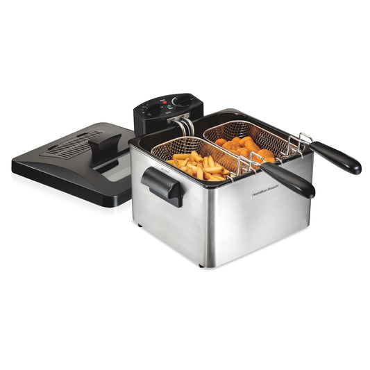 Hamilton Beach Deep Fryer with 2 Frying Baskets, 19 Cups / 4.5 Liters Oil Capacity, Lid with View Window, Professional Grade, Electric, 1800 Watts, Stainless Steel (35036)