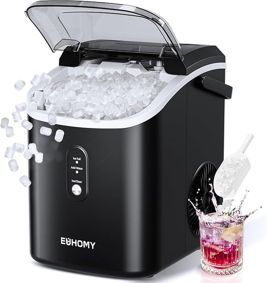 EUHOMY Nugget Ice Maker Countertop with Handle, Ready in 6 Mins, 34lbs/24H, Removable Top Cover, Auto-Cleaning, Portable Pebble Ice Maker with Basket and Scoop, for Home/Party/Camping. (Black)