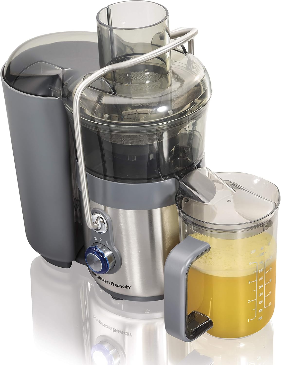 Hamilton Beach Juicer Machine, Centrifugal Extractor, Big Mouth 3" Feed Chute, Easy Clean, 2-Speeds, 40 oz. BPA Free Pitcher, 850 Watt Motor, Silver