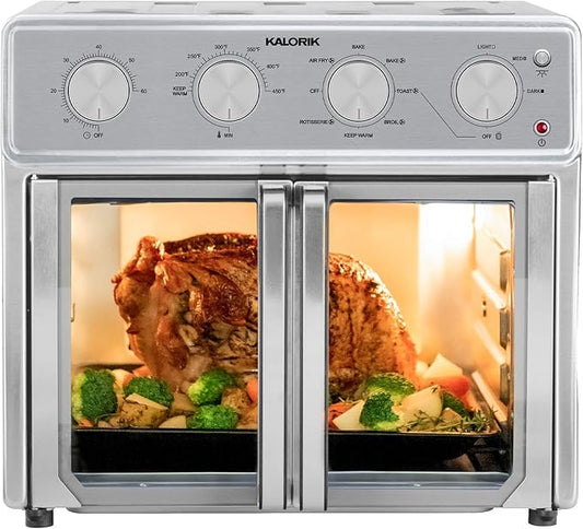 Kalorik MAXX Air Fryer Oven, 26 Quart 9-in-1 Countertop Toaster Oven and Air Fryer Combo - Fry, Bake, Roast, Rotisserie, & More, 7 Easy-to-Clean Accessories, 1700W, Stainless Steel, AFO 47267 OW