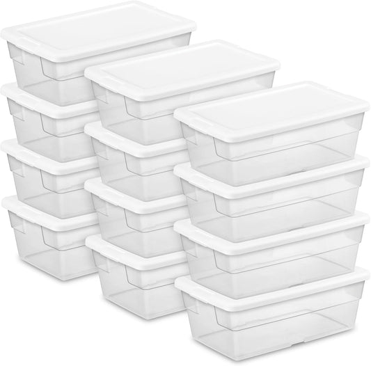 Sterilite 12-Pack 6 Qt Stackable Plastic Storage Boxes – Clear Bins with Snap-On Lids – Closet, Bathroom & Office Organizer